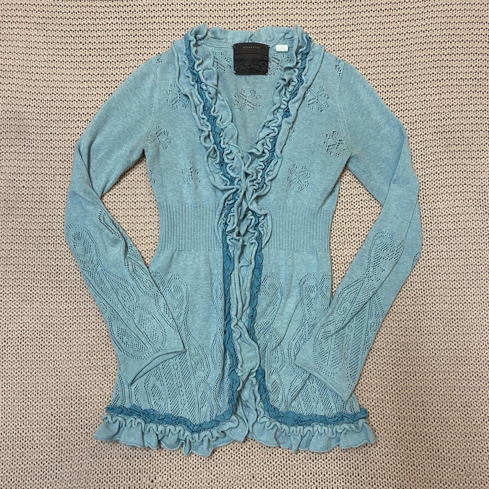 ✰ anthropologie guinevere blue pointelle ruffled curly top cardigan ✰